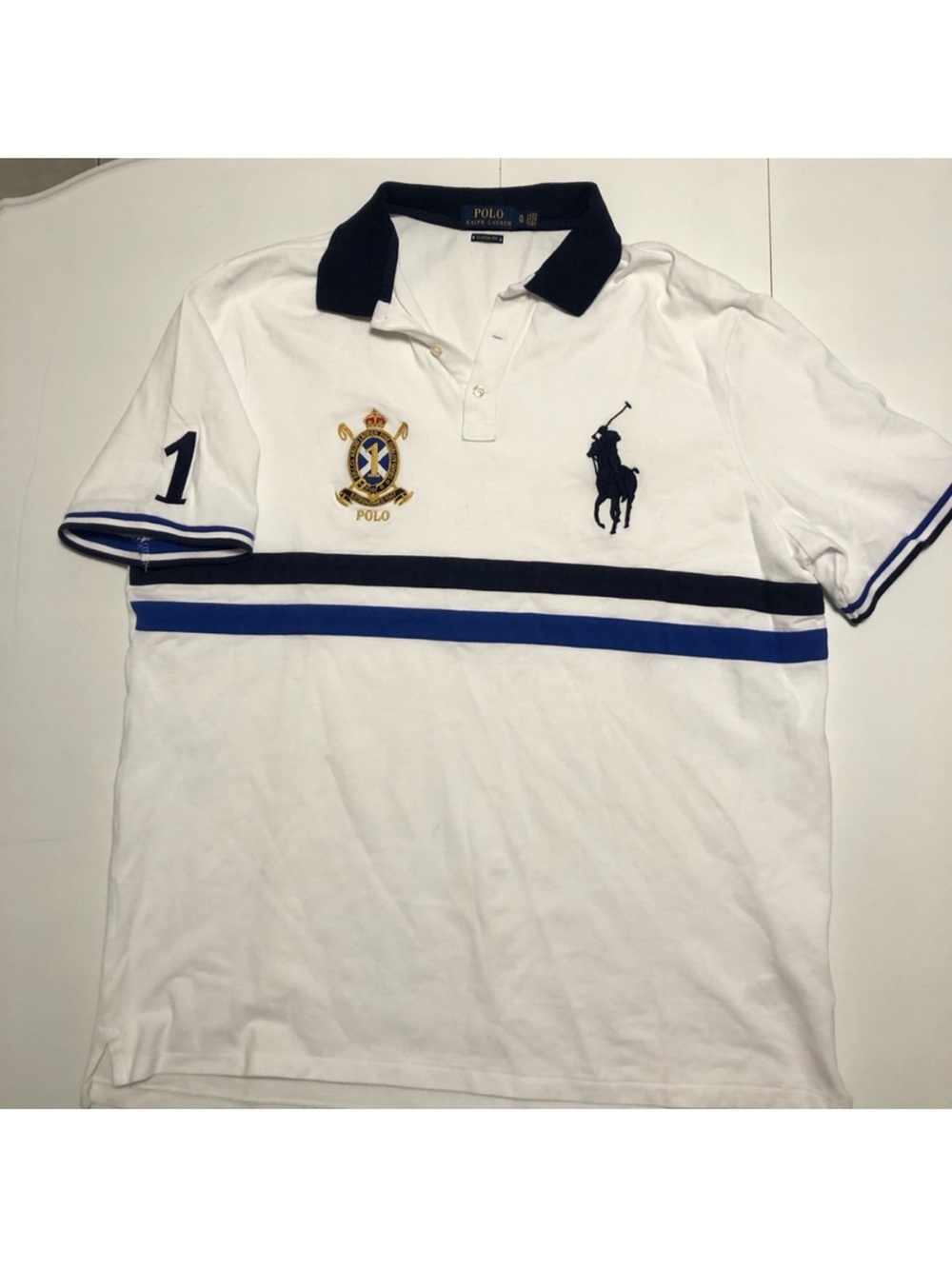 Polo Ralph Lauren White Polo with Navy & Royal Blue Stripes